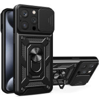 Rugged Armor Protection Case for iPhone 15 Pro Max 15 Plus Casing with Slide Camera Cover &amp; Ring Holder Stand