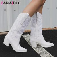 Brand New Embroider 2022 Autumn Winter Western Mid Calf Boots Women Chunky Heels Vintage Cowgirl Cowboy Boots Retro Shoes Woman