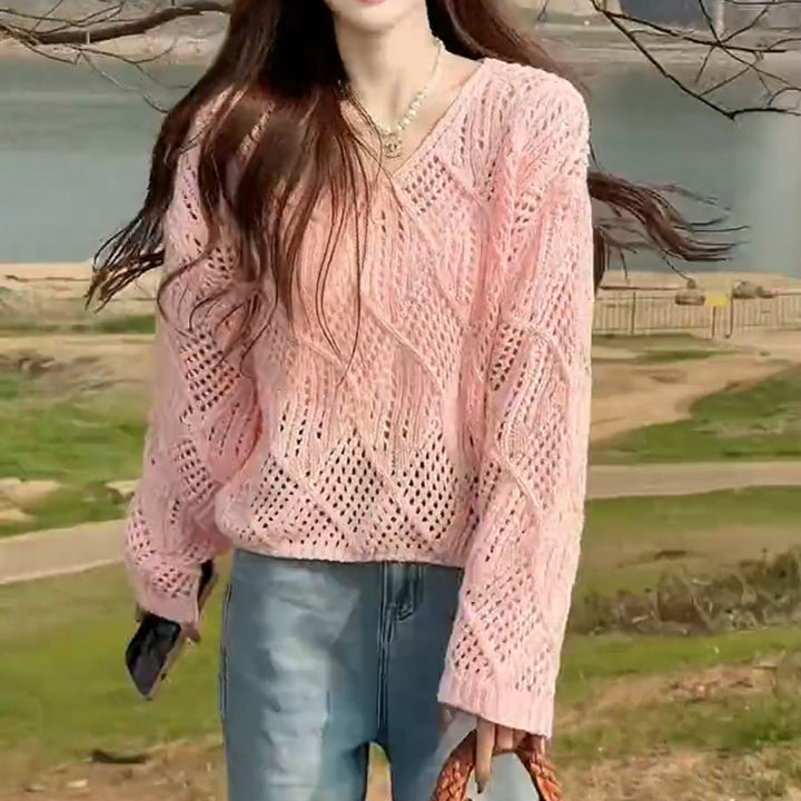 เสื้อกันแดดผู้หญิงขี้เกียจเสื้อกันหนาวแบบถักสไตล์โปร่งนอกเกาหลี