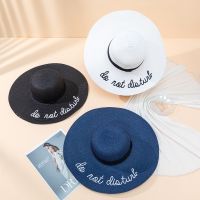 [COD] Ladies summer seaside beach hat vacation sunshade sunscreen same style letter embroidery big brim straw