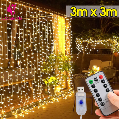 หลอดไฟประดับแบบสายพวงมาลัยนางฟ้า LED ม่านแสงไฟ3ม. 3mx รีโมทคอนโทรล USB คริสมาสต์ปีใหม่ปาร์ตี้งานแต่งงานของตกแต่งบ้าน