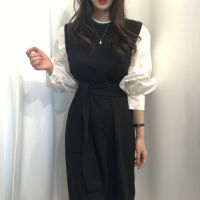 Neploe Fake Two Piece Drawstring Dress Chic Panelled Patchwork Puff Sleeve Dresses Women French Elegant Fashion Femme Vestidos