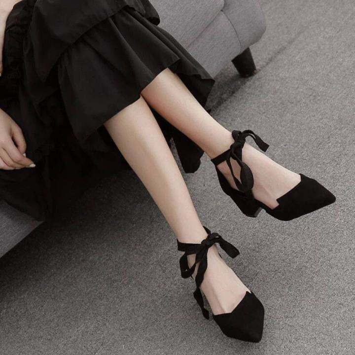 kkj-mall-ladies-shoes-2022-spring-new-high-heeled-french-single-shoes-womens-mid-heel-pointed-toe-all-match-lace-up-ladies-shoes