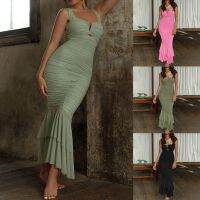 เซ็กซี่ Fishtail Hem Bodycon สำหรับสตรี Hollow Out จีบ Slim Evening Party สปาเก็ตตี้ชุด Elegant แขนกุด Gowns