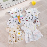 Summer Dog 3D Design Satchel Fly Sleeve Dress Cat Two Legged Ice Cream Skirt Breathable Sunflower Print Pet Clothing Teddy Doll