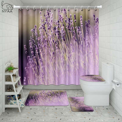 Vixm Lavender Flowers Bathroom Waterproof Shower Curtain Set Pedestal Rug Lid Carpet Toilet Cover Set Bath Curtain Mat Set