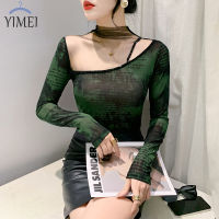 YIMEI เสื้อผู้หญิงเสื้อเปิดไหล่เซ็กซี่สวย,เสื้อตาข่ายคอปกสูงสไตล์เกาหลีขนาดพิเศษเสื้อยืดพิมพ์ลาย