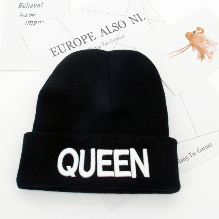 cod-ยอดขายในประเทศในยุโรปและอเมริกา-king-หมวกถักปักลาย-queen-หมวกไหมพรมสำหรับคู่รักฤดูหนาว-christmas-gift