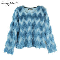 Lady Plus เสื้อแขนยาวแต่งขนมิ้งค์ | Long Sleeve Fur Blouse เสื้อกันหนาว สีฟ้า