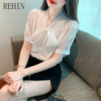 REHIN เสื้อผู้หญิงคอวีสีทึบเข้ารูป,เสื้อเชิ้ตแขนสั้นเสื้อชีฟองกระดุมแถวเดียวสำหรับฤดูร้อน