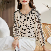 LUXURY Queen 2023 Spring and Autumn Mid To Old Age New Round Neck Korean Edition Pullover Long Sleeve Polka Dot Embroidered Womens Blouse