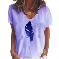 2021 New Summer Top Plus Size Women Feather Print T Shirt Street Casual Loose Cotton T Shirts Ladies Short Sleeve V-Neck Tee Top