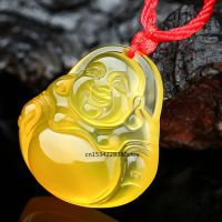 ZZOOI Natural Yellow Agate Buddha Pendant Jadeite Necklace Charm Jewellery Fashion Accessories Hand-Carved Luck Amulet Gifts