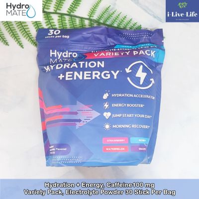 ผงอิเล็กโทรไลต์ ไฮเดรชั่น แบบผง 4 รสชาติ Hydration + Energy, Caffeine100 mg Variety Pack, Electrolyte Powder 30 Stick Per Bag - HydroMATE