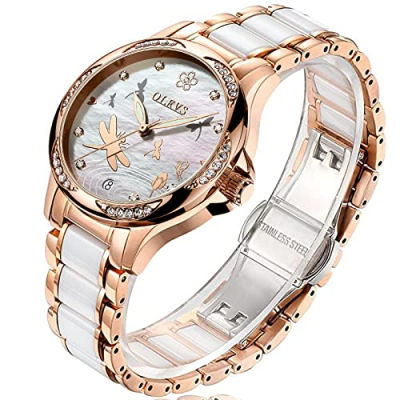 OLEVS Rose Gold Womens Watches, Ceramic Stainless Steel Band, Automatic Mechanical Watch, Waterproof Luminous Pointer Calendar, Diamonds Elegant Watches for Women, Red/Blue/White Dial [No Battery] 6610G-MB