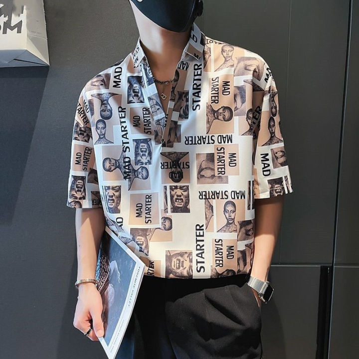 เสื้อเสื้อโปโลแขนครึ่งแขนสำหรับผู้ชาย-เสื้อเสื้อสวมศีรษะมีปกพิมพ์ลายเสื้อผู้ชายลำลองเกาหลีไซส์พิเศษใหม่ฤดูร้อน