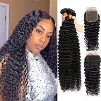 Deep Wave บราซิลผมสานดิบ Bundle เส้นผมมนุษย์ Curly สาน4X4ปิดลูกไม้เส้นผมมนุษย์รวมกลุ่ม30นิ้วผมสาน