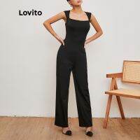 Lovito ชจั๊มสูท คอสี่เหลี่ยม สไตล์เรียบง่าย L20D255 (สีดํา)