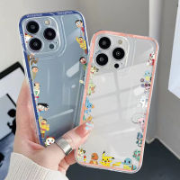 เคส TPU ใสสำหรับ iPhone 14 Plus 13 Pro Max 12 iPhone 11 XR 8 7 SE 2022โดราเอม่อน Pikachu ขอบสี่เหลี่ยมครอบครัวฝาครอบรองรับการกระแทก