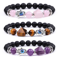 Devil S Eye สร้อยข้อมือ Fatima Tiger Eye ลูกปัดกำไลข้อมือ Amethyst Vintage Hand Cut พีระมิด Cuff เครื่องประดับสร้อยข้อมือคู่สำหรับสตรีและผู้ชายของขวัญ