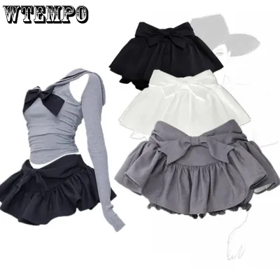 【CC】☞  Bow Fluffy Skirt Low-waisted Ruffled Preppy Korean Fashion Drop Shipping