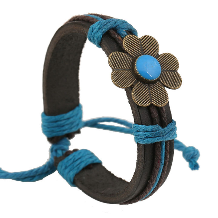 punk-cattle-leather-bracelet-alloy-blue-vintage-flower-leather-bracelet