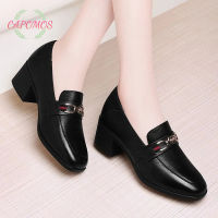 Capomos New womens shoes mother shoes thick heel leather shoes British all-match work shoes slip-on high-heeled shoes