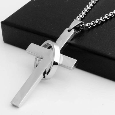 【CW】Simple Cross With Circle Pendant Necklaces Stainless Steel Chain Christ Cruz Necklace For Men Boys Cool Neck Jewelry Collier