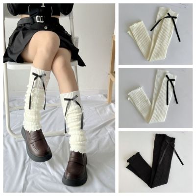 ถุงเท้าไหมพรมถักสำหรับเด็กผู้หญิงถุงเท้าให้ความอบอุ่นขาผูกโบว์มีระบายถุงเท้ายามบัลเล่ต์สไตล์ญี่ปุ่น JK