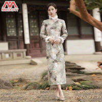 MBeauty Cheongsam หนามีผ้ากำมะหยี่แขนยาวสไตล์ฤดูหนาวปรับปรุงชุดกี่เพ้ายาวปานกลางสำหรับทุกวัน