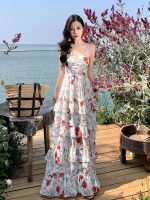 【YF】 Summer Backless Beach Ruffles Cake Long Dress Women Sleeveless Print Floral Retro Korean Style Evening Party Slip Dresses