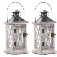 2 Pack Decorative Lantern Candle Holder Wooden Rustic Style for Table Top Mantle Wall Hanging Decor Indoor Outdoor Use