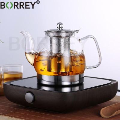BORREY กาน้ำชาทนความร้อนได้ชุดถ้วยชาแก้วลายดอกไม้,กาน้ำชาพร้อมที่กรองแก๊สเหนี่ยวนำเตากาต้มน้ำเตาแม่เหล็กไฟฟ้า