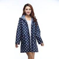 Outdoor Women Waterproof Riding Clothes Raincoat Poncho Pocket Polka Dot Hooded Knee Long Rainwear Nylon Lady Navy Blue Poncho