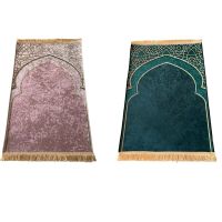 Adult Thicken Velvet Turkish Muslim Prayer Rug with Tassel Arch 3D Print Solid Color Islamic Rectangle Worship Carpet