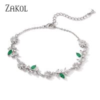 กำไลข้อมือสวยๆใบไม้สีเขียวแฟชั่น ZAKOL สำหรับผู้หญิงสร้อยข้อมือโซ่เพชรสังเคราะห์แวววาวเครื่องประดับงานปาร์ตี้