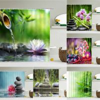 Zen Shower Curtain Bathroom Decoration 3D Bamboo Running Water Green Bamboo Buddha Shower Curtains Waterproof Washable Screen