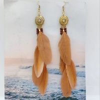 SK Selling Bohemia Retro Chain Tassel Feather Long Style Woman earring Light Yellow Metal Alloy Classic Ethnic Hanging earrings