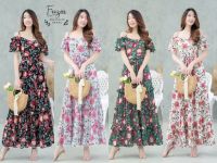 M21-015 Maxi Dress  (เดรส)ยาว เปิดไหล่ แขนระบายชั้นปล่อยระบายยาวเท่าศอก เอวสม็อกหลังแต่งระบายชั้นๆ