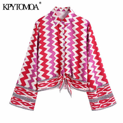 KPYTOMOA Women Fashion With Bow Tied Geometric Print Blouses Vintage Flare Sleeve Button-up Female Shirts Blusas Chic Tops