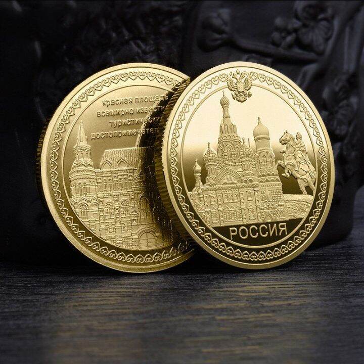 gold-plated-russian-coins-badge-st-petersburg-red-square-commemorative-coins-knight-statue-church-coin-ornament