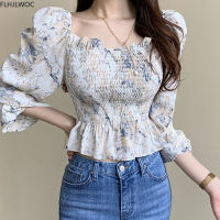 Chiffon Ruffled Chic Tops Korean Style Design Puff Sleeve y Slim Fited Short Peplum Top Shirt Women Chiffon Blouse