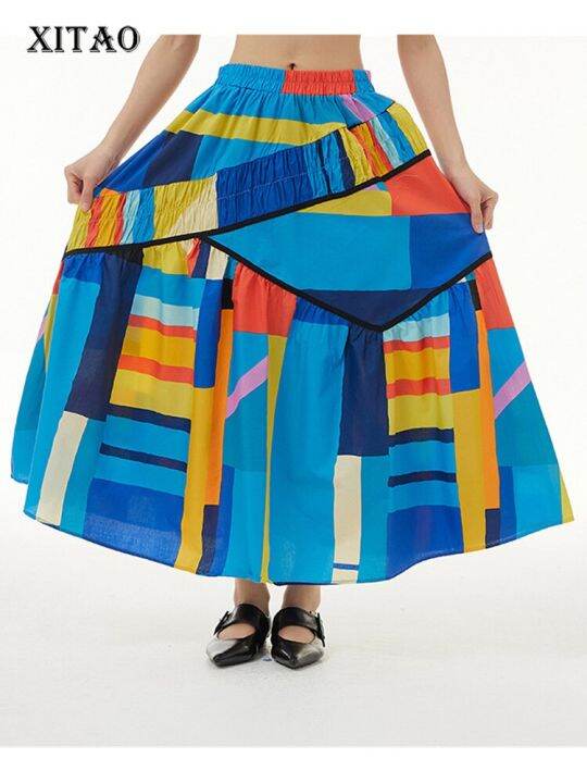 xitao-skirt-casual-women-folds-print-skirt