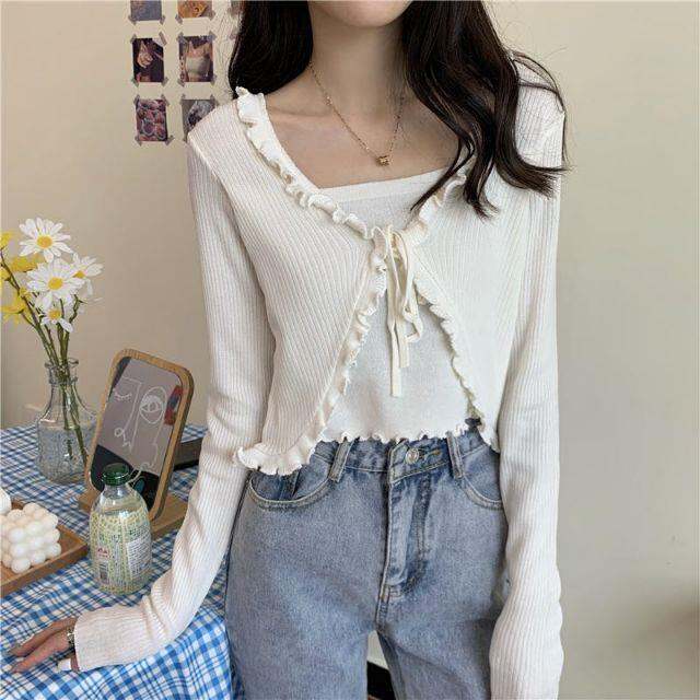 dodo-พร้อมส่ง-เสื้อไหมพรมแขนยาวต่อกับเสื้อคลุม-ผูกโบว์หน้า-28009