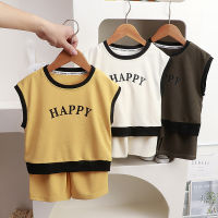 พร้อมส่ง ชุดเซ็ตเสื้อผ้าเด็ก ชุดเด็ก แขนกุด+กางเกงขาสั้น ลายHappy