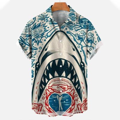 เสื้อ3D พิมพ์ลายสัตว์สำหรับผู้ชาย,เสื้อแนวสตรีทคอปกเสื้อแขนสั้นมีกระดุมเสื้อฉลามฮาวายสำหรับผู้ชาย