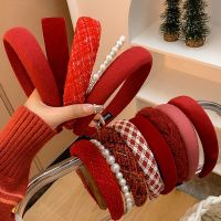 【YF】 Red Wide Brim Padded Hair Hoop Tweed Hairband New Year Accessories Knitting Plaid Festival Headband Vintage Thicken Elegant