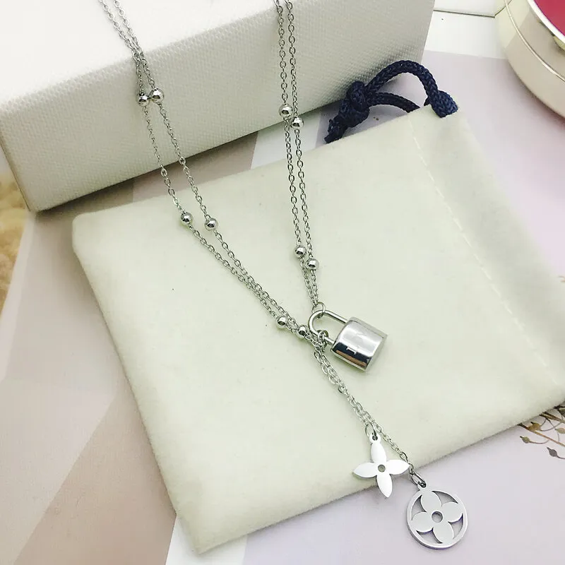 Elegant Lock Tassel Four Leaf Clover Stainless Steel Necklace For Women  Girl Double Layer Chin Pendant Bracelet Simple Trendy Bangle Jewelry Set  Fashion Accessories Not Fade Lucky Nice Gift