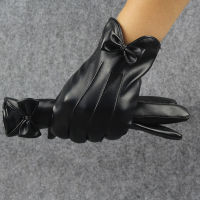 Womens touch screen leather gloves bow design autumn and winter thickening plus velvet driving riding warm gloves B7