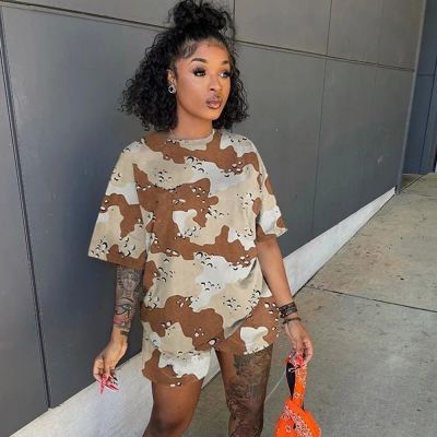 [COD] 8860SD Nazada 2022 summer European and womens camouflage short-sleeved loose personality two-piece suit